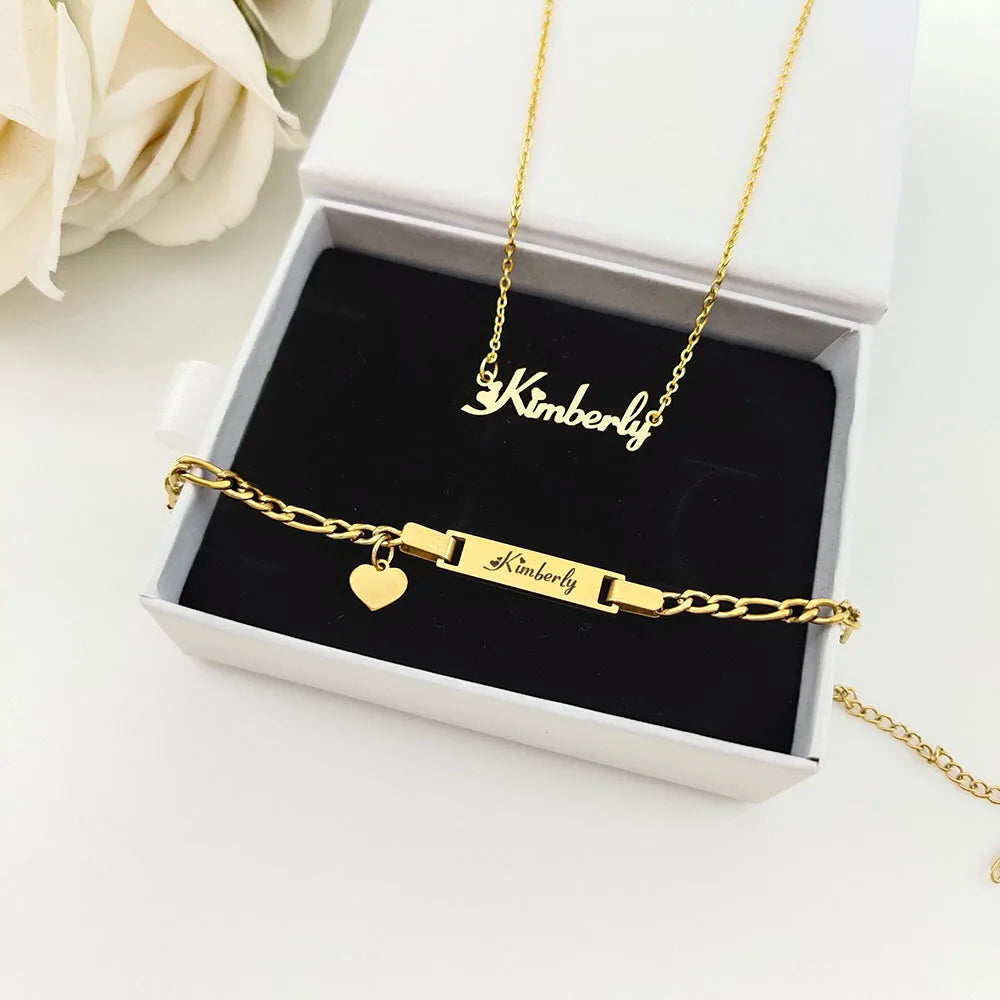 DODOAI Custom Name Jewelry Sets Stainless Steel Letter Jewelry Nameplate Necklace/Bracelet/Earring with Twisted Hoop 3 Piece Set