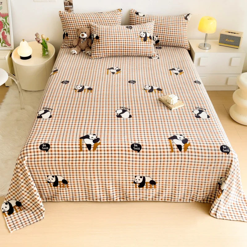 Geometric Plaid Pattern Flannel Bed Sheet Set Super Soft Plush Bed Sheets with 2 Pillowcases Luxury Queen Size Bedding Set