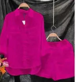Casual Cotton And Linen Women Shirt Short Two Piece Sets Solid Color Loose Short Sleeve Top Shorts Fashion Suit Tracksuit Summer