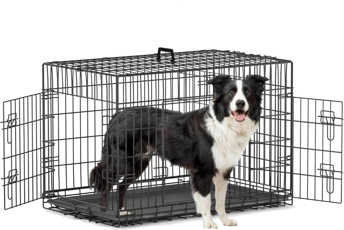 30 Inch Double Door Medium Dog Crate with Divider Panel and Leak- Proof Pan Tray, Folding Metal Wire Pet Kennel for Indoor，Grey