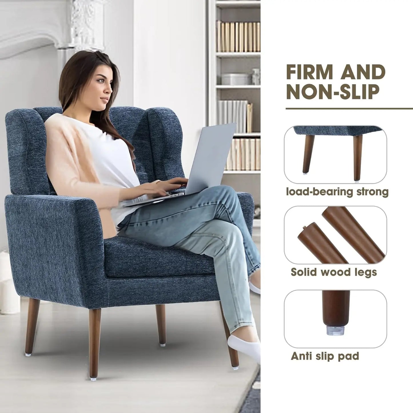 Accent Chairs Set of 2 for Living Room Chenille Upholstered Mordern Armchair Comfy Soft Padded Pillow Solid Wood Leg Blue