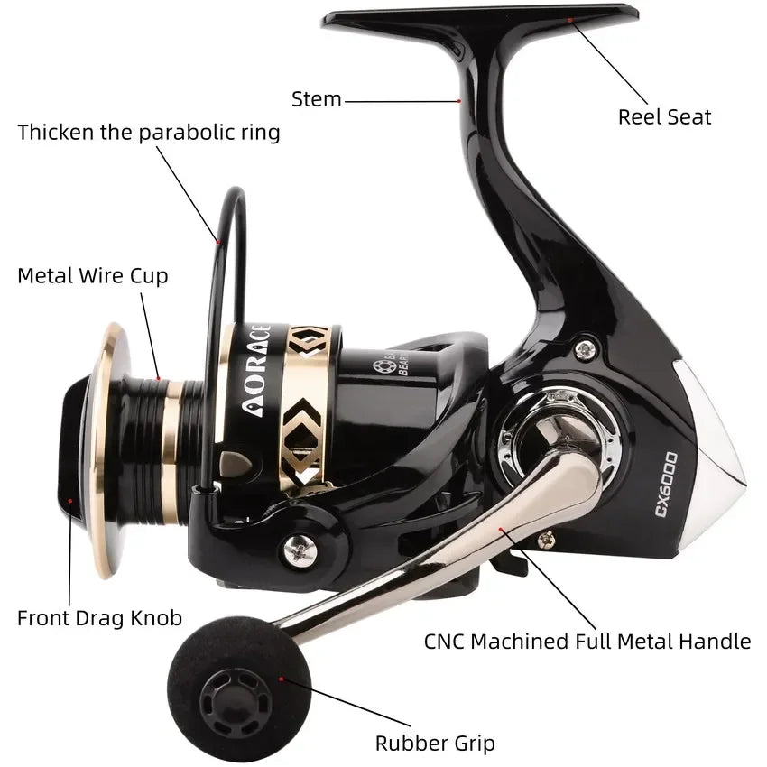 All Metal Salt Water Surf Spinning Fishing Reel 1000-6000 Spinning Fishing Reel Black/gold 14 Bearing Balls 15KG Max Drag
