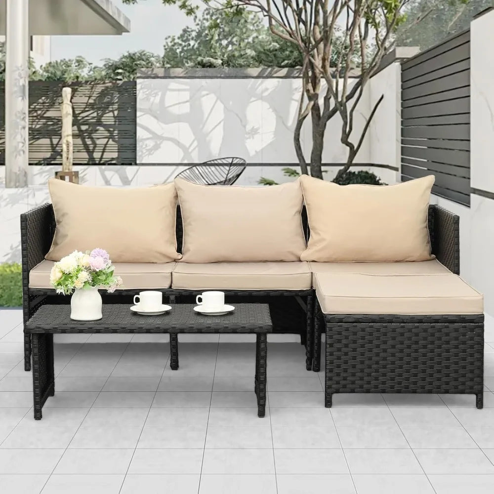 3-Piece Outdoor PE Rattan Furniture Set Patio Black Wicker Conversation Loveseat Sofa Sectional Couch Khaki Cushion