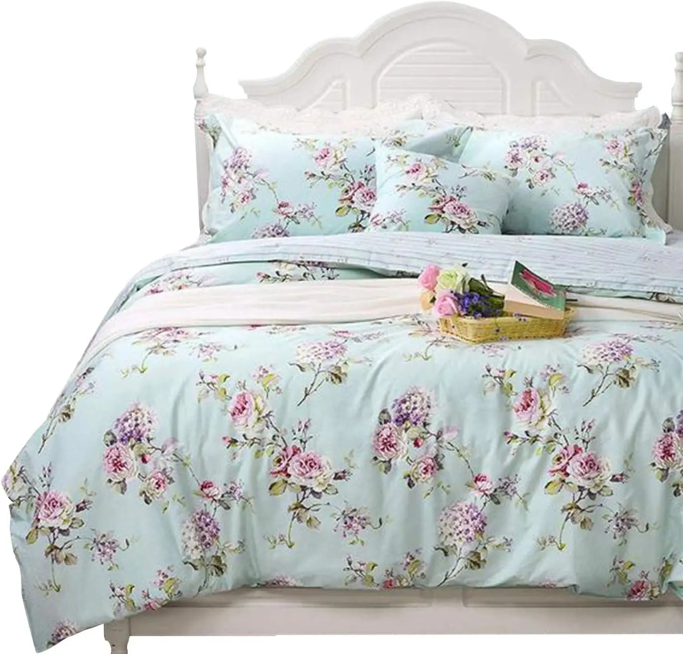 Floral Duvet Cover Queen 100% Cotton Blue Green Farmhouse Bedding Super Soft Reversible Striped Country Bed Purple Hydrangea
