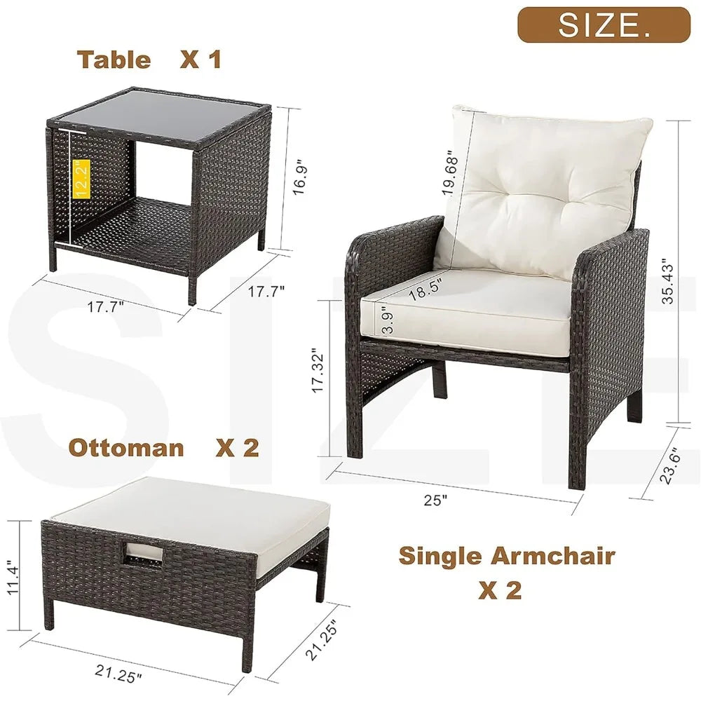 5 Piece Patio Set, All Weather PE Wicker Rattan Outdoor Chair and Ottoman Sets, Wicker Patio Furniture Set