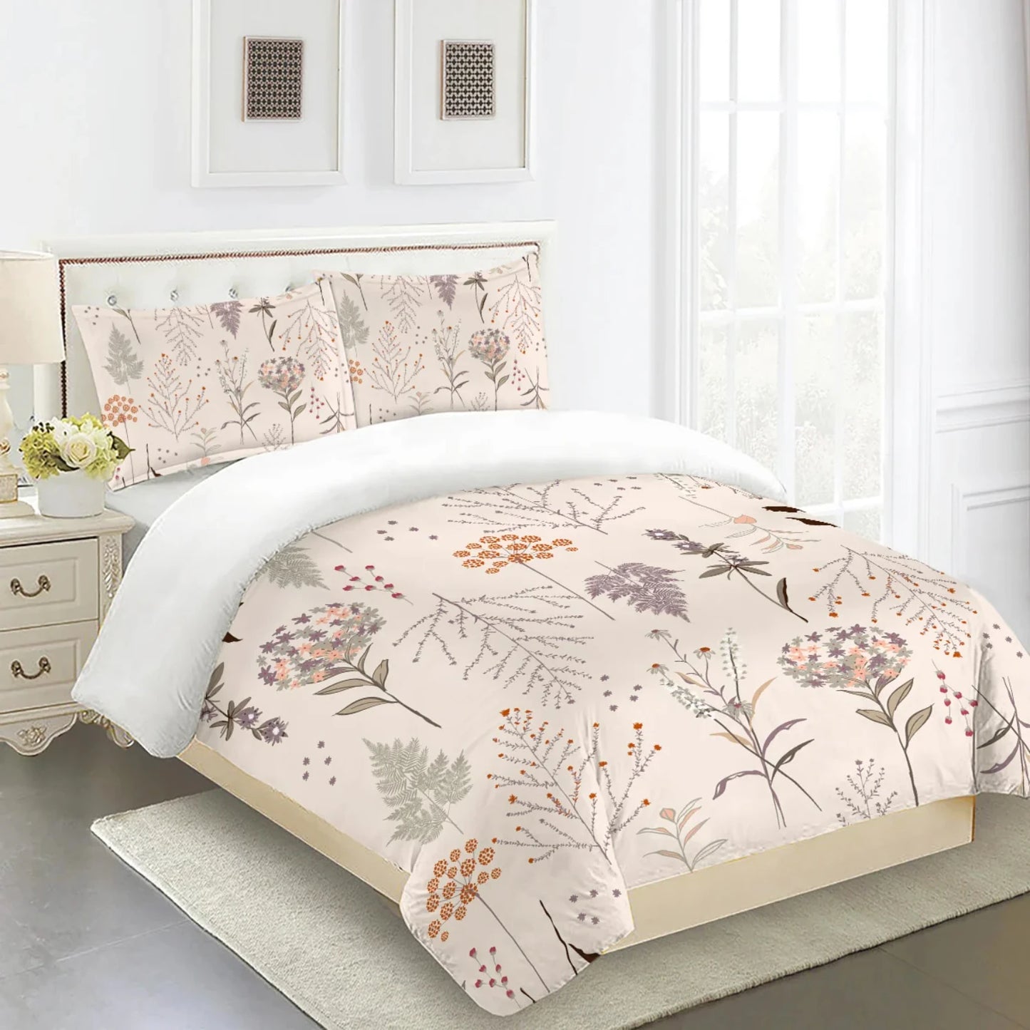 Luxurious, comfortable, and warm 3-piece matte polyester bedding set with fresh floral patterns and wildflowers for a stylish be