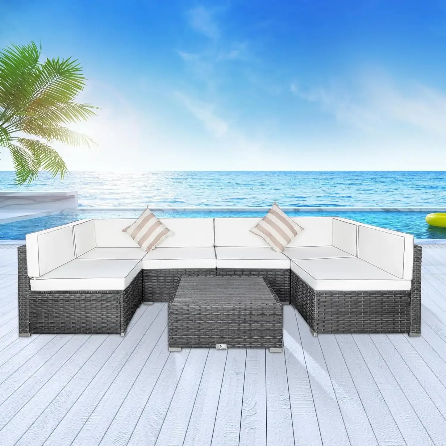 7 Piece Outdoor Patio Furniture Sets with Cushions,Patio PE Rattan Wicker Conversation Couch Sets with Slatted Table,Pillows