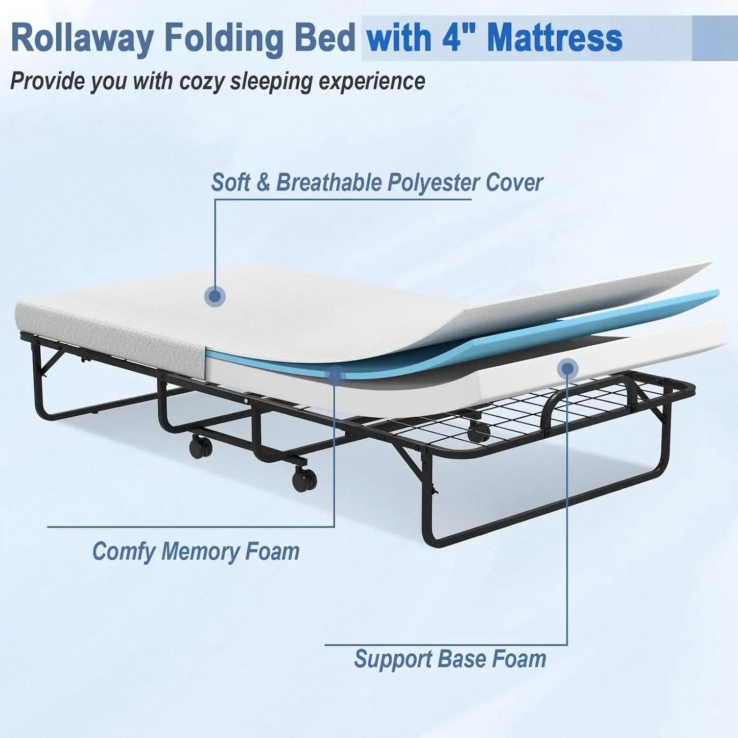 Folding Bed with 4" Mattress for Adults, Twin Size Rollaway Guest Beds w/Sturdy Metal Frame & Memory Foam Mattress, Easy