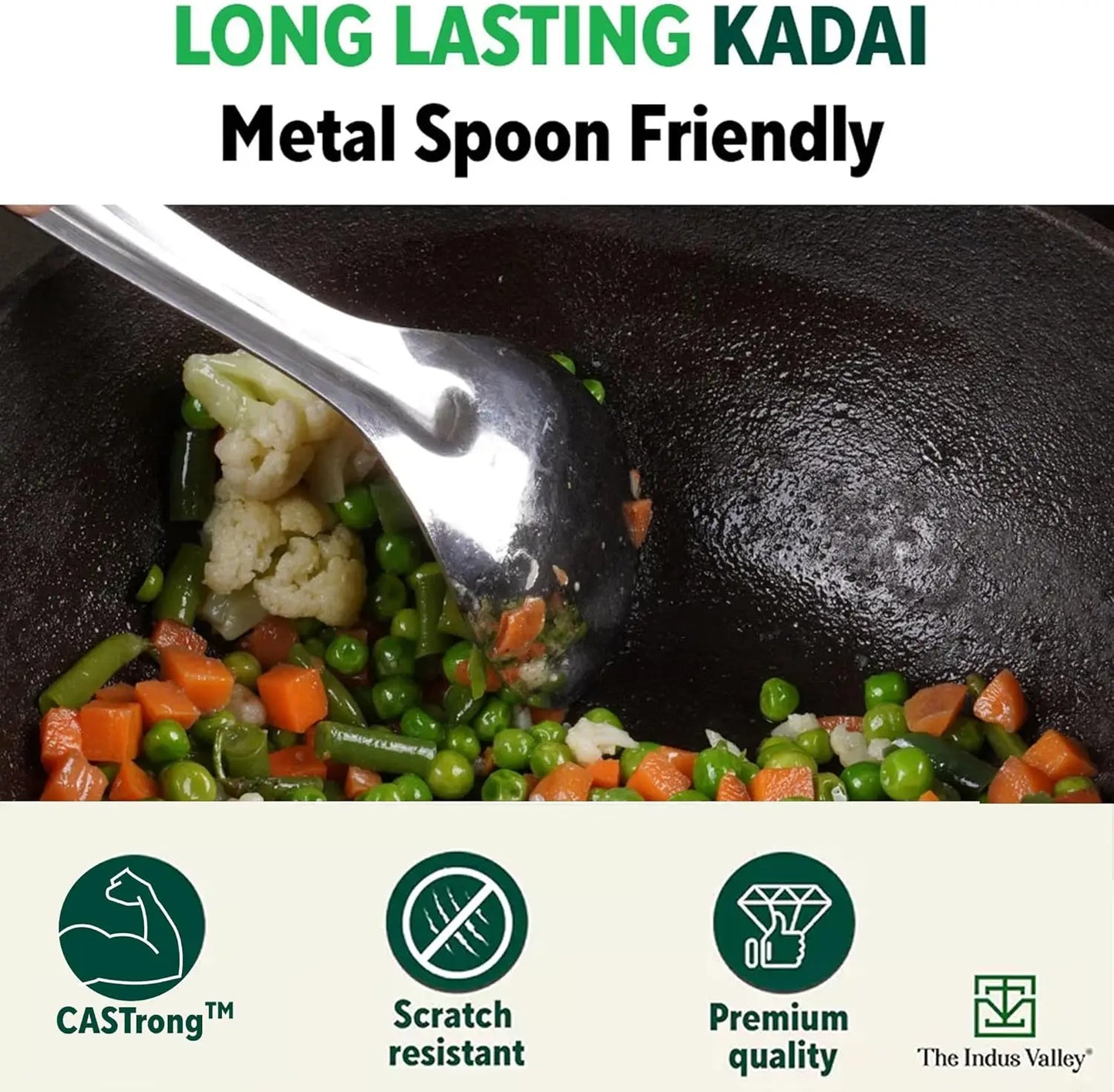 Pre-Seasoned Cast Iron Kadai with Flat Handles Free Wooden Flip | Medium, 25.4 cm/10 inch, 2.3Ltr, 2.5kg