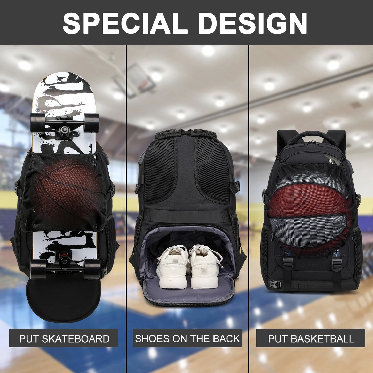 Sports Skateboard Backpack RFID Anti-Theft Lock USB Charging Waterproof Laptop Backpack Large Capacity Basketball Storage Bag