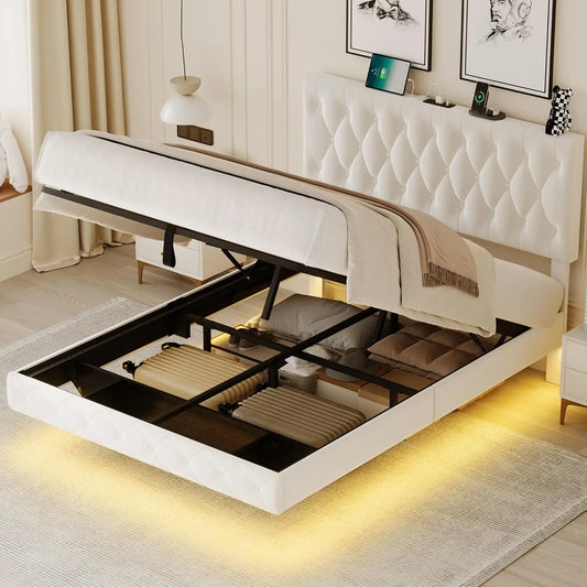 Lift Up Storage Bed Frame Queen Size Floating Bed Frame With Adjustable Headboard/Led Lights/Charging Station/Outlet,Velvet