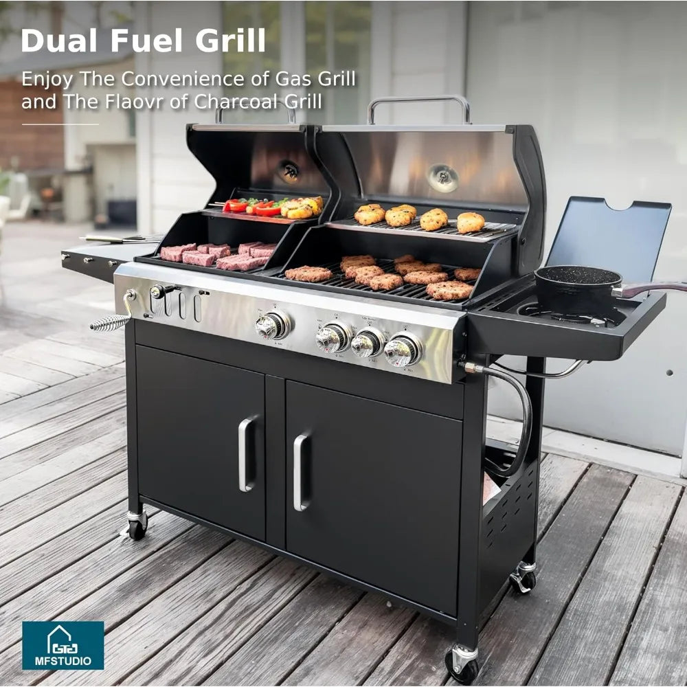 Dual Fuel Propane Gas Grill and Charcoal Grill Combo with Side Burner,Extra Large BBQ Grill for Outdoor Barbecue Cooking,690SQIN