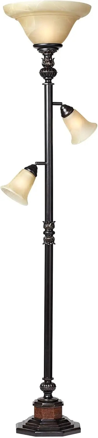 Kathy Ireland Sonnett Industrial Vintage Tree Torchiere Floor Lamp Standing 72"" Tall Bronze Brown Champagne Alabaster Glass