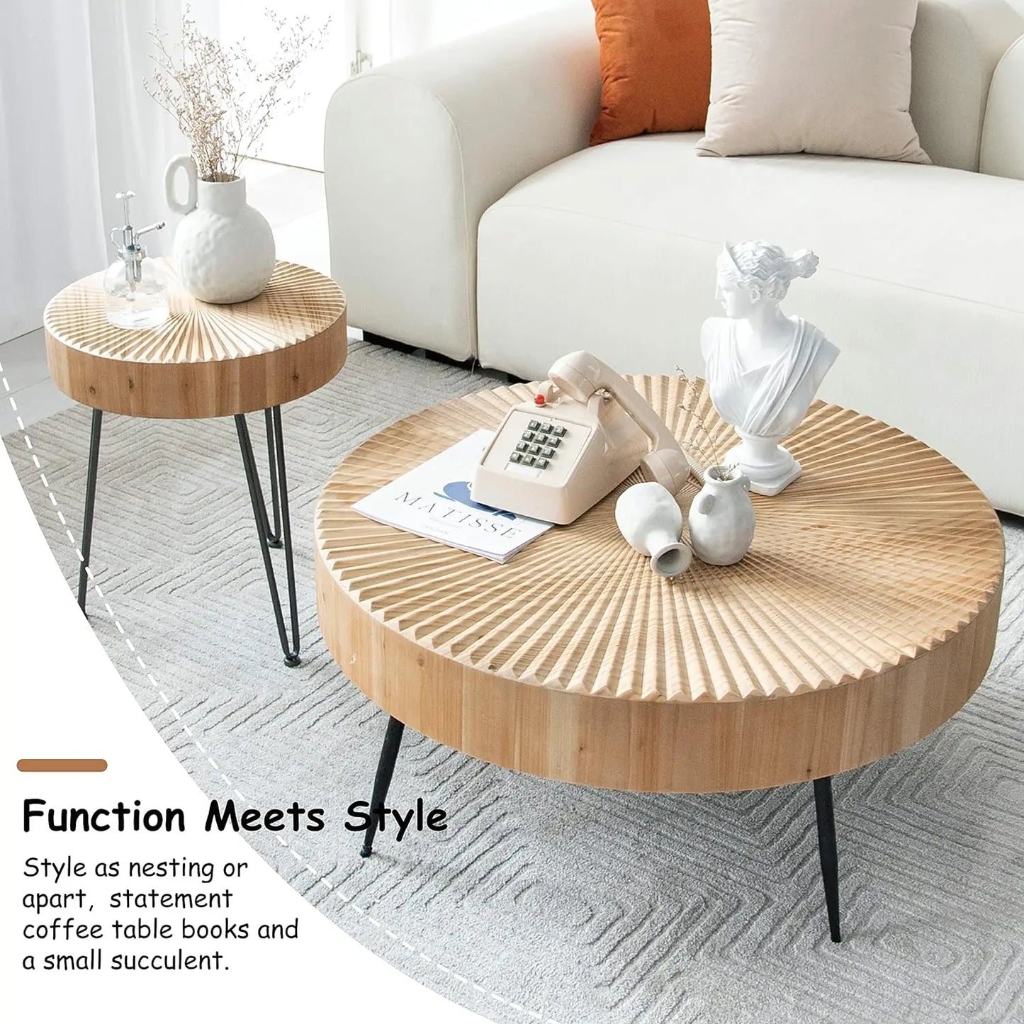 2-Piece Modern Farmhouse Coffee, Nesting Round Natural Finish with Handcrafted Wood Radial Pattern living room table sets,