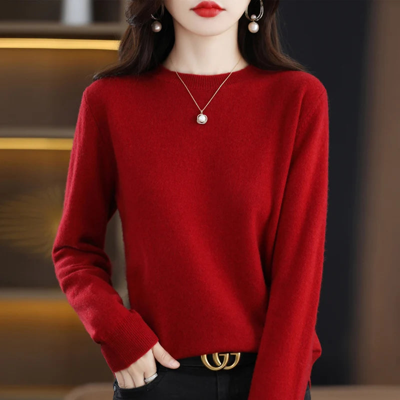 100% pure wool cashmere sweater women's O-neck pullover casual knit top autumn and winter women's coat Korean fashion