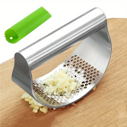 Easy-Clean Stainless Steel Garlic Press With Silicone Handle - Multifunctional Kitchen Gadget For Crushing, Peeling & Grinding V