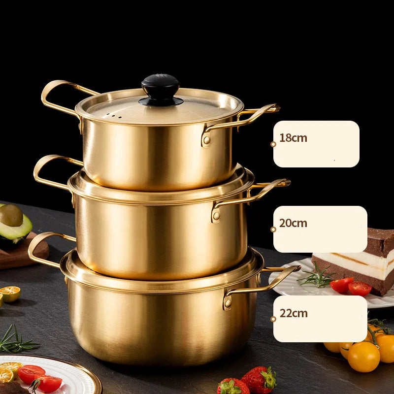 Korean Stainless Steel Instant Ramen Pot with Cover Golden Cookware Double Ears Cooking Pans Camping Noodles Pot Saucepan