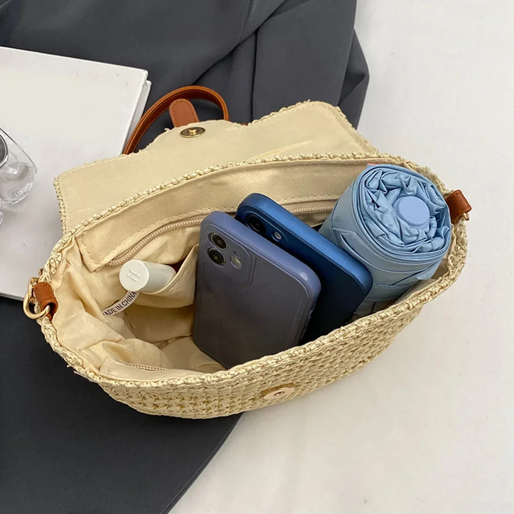 Summer Beach Straw Bags for Women Straw Shoulder Crossbody Bags Rattan Casual Boho Woven Bag Bohemian Tote Mobile Phone Bag 2023