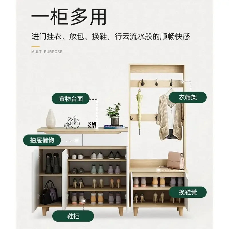 Living Room Large Capacity Shoe Cabinet Home Doorway with Clothes Rack Integrated Shoes Rack Clothing Storage Entrance Cabinet