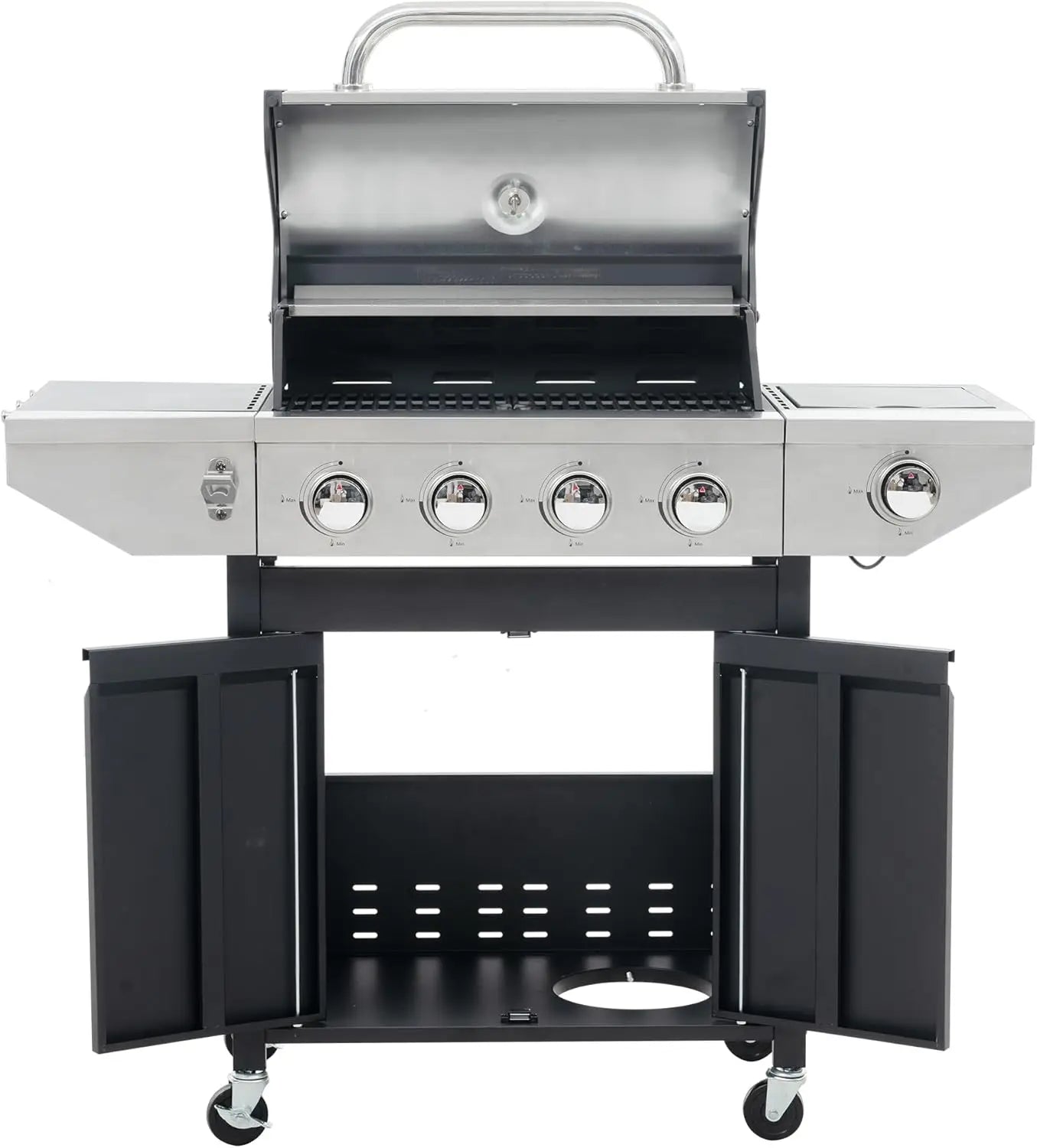 Propane Grill 4 Burner Barbecue Grill Stainless Steel Gas Grill with Side Burner and Thermometer for Outdoor BBQ, Camping