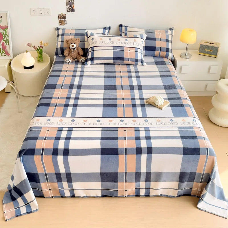 Geometric Plaid Pattern Flannel Bed Sheet Set Super Soft Plush Bed Sheets with 2 Pillowcases Luxury Queen Size Bedding Set