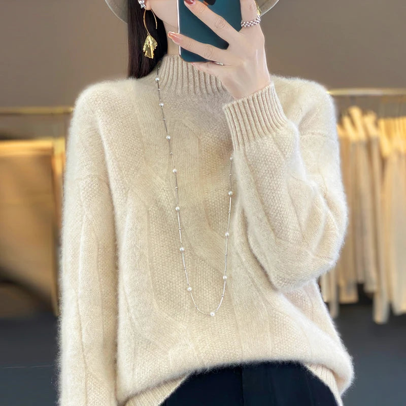 Women's pullovers fall/winter high-quality soft 100% merino wool sweater with half high neck and thick cashmere sweater top