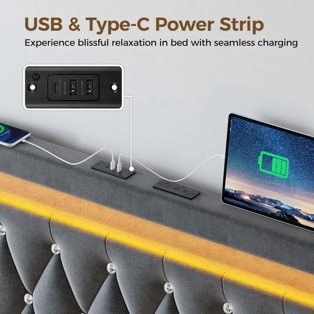 Twin Bed Frame with LED Light and Charging Station, Upholstered High Headboard and Footboard, Wood Slats, Noise Free