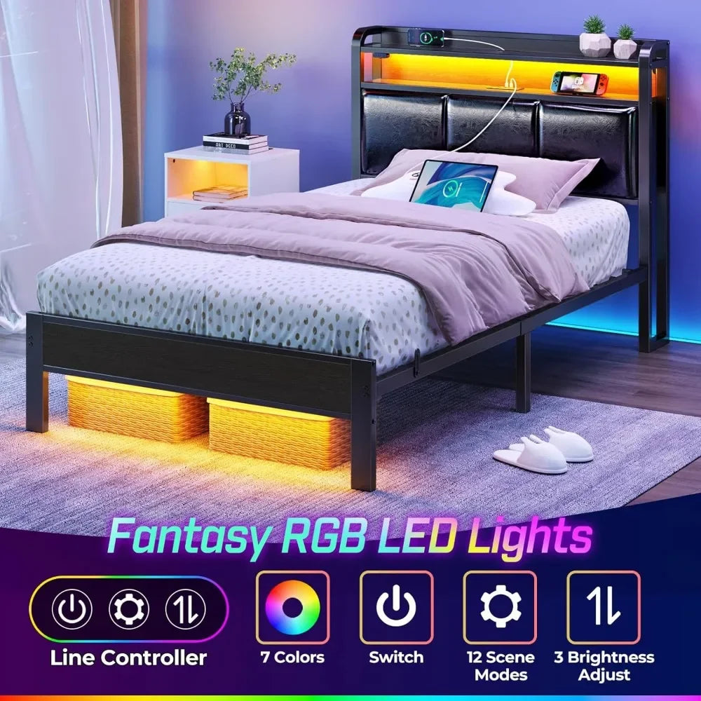 Bed Frame Twin Size with Charging Station and LED Lights, PU Leather Headboard with Storage Shelves, Heavy Duty Metal Slats