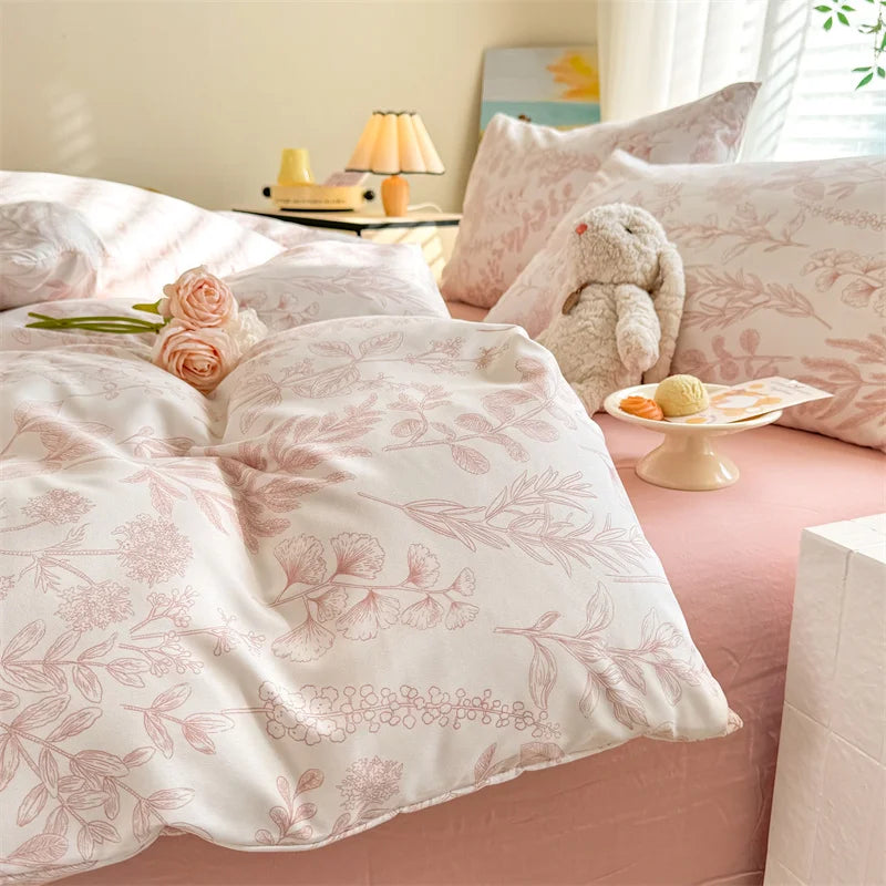 Pink Floral Printed Duvet Cover with Pillowcase Single/Queen/King Duvet Cover Sets Super Soft Bedding Sets for Double Beds