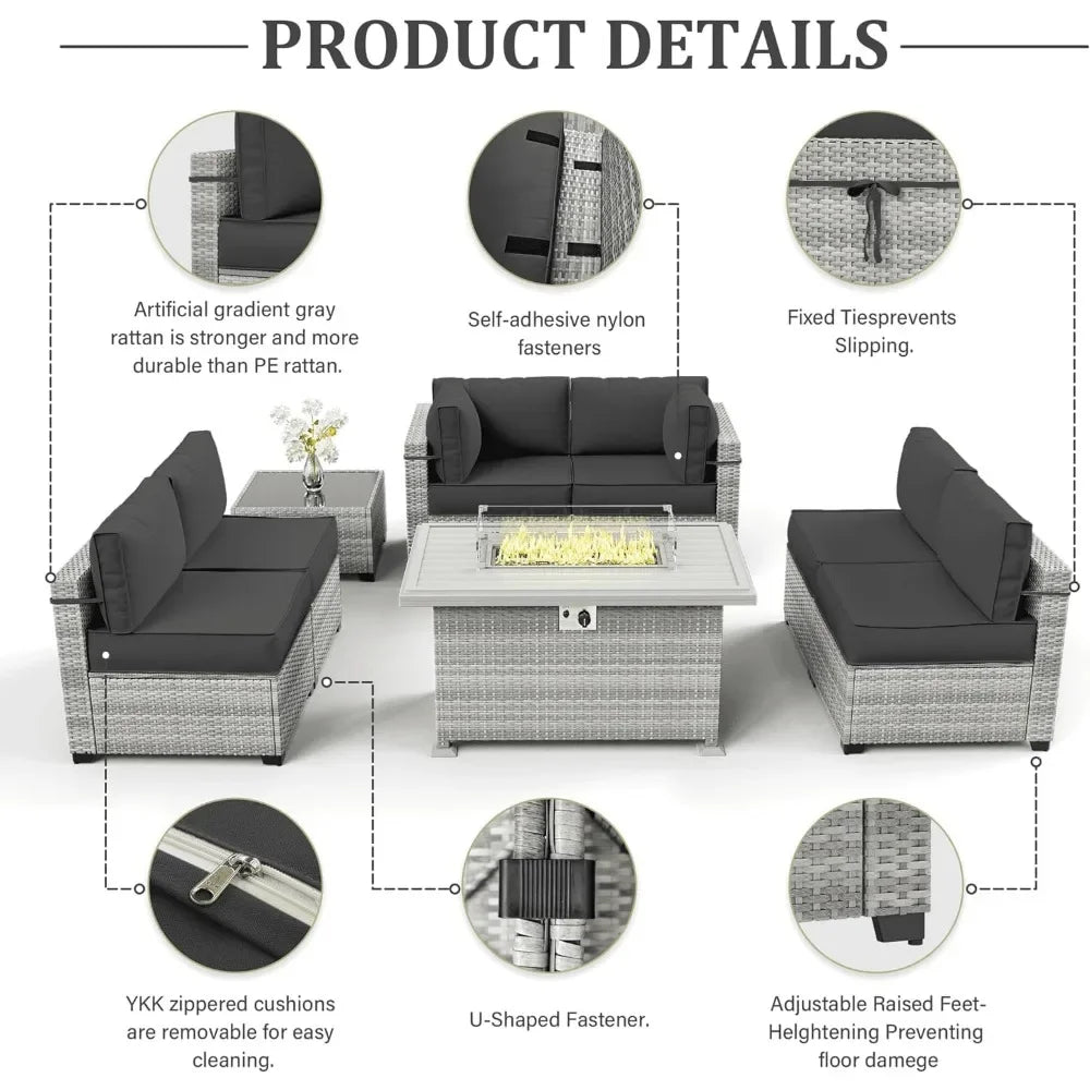8-Piece Patio Furniture Set With Fire Pit Table, Seat Cushions Light Grey Outdoor Modular Wicker Conversation Set