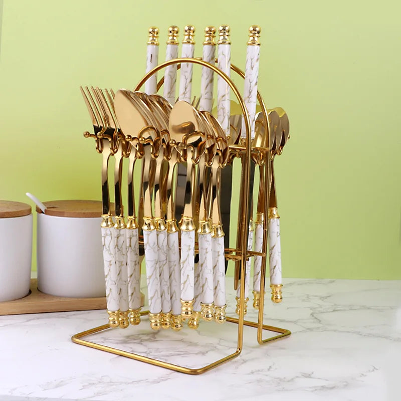 24-piece Set of Stainless Steel Cutlery with Rack, Exquisite Ceramic Handle Spoon and Fork Set Dishwasher Safe Cutlery Set