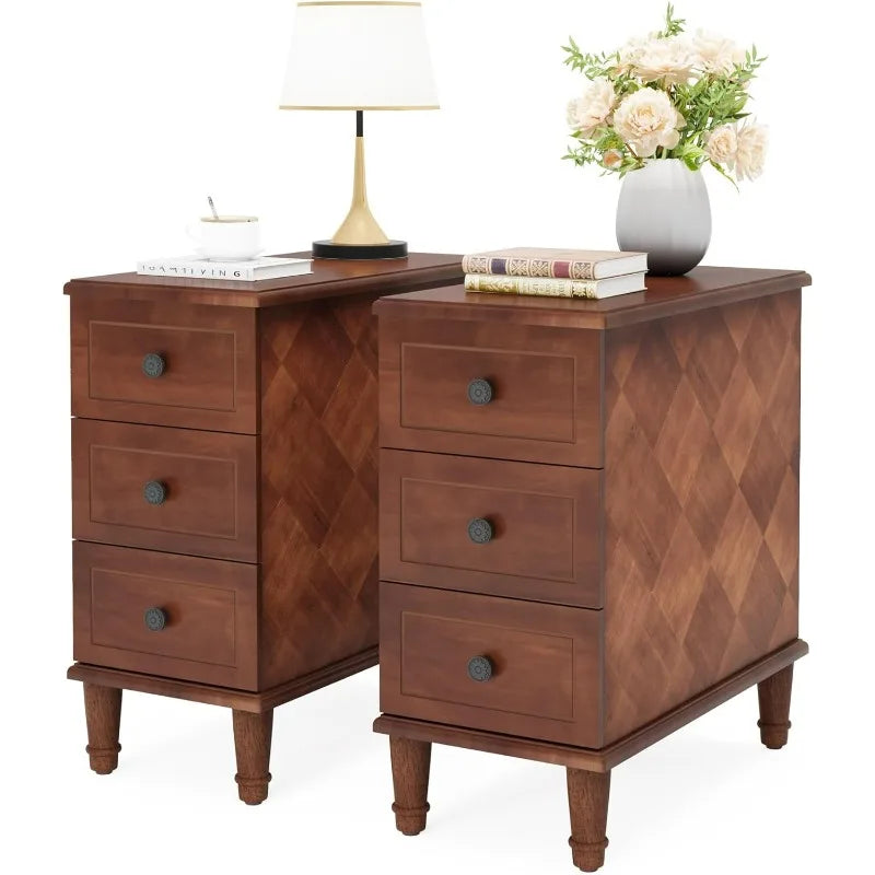 Fully Assembled End Table, Set of 2 Narrow Side Table with 3 Drawers