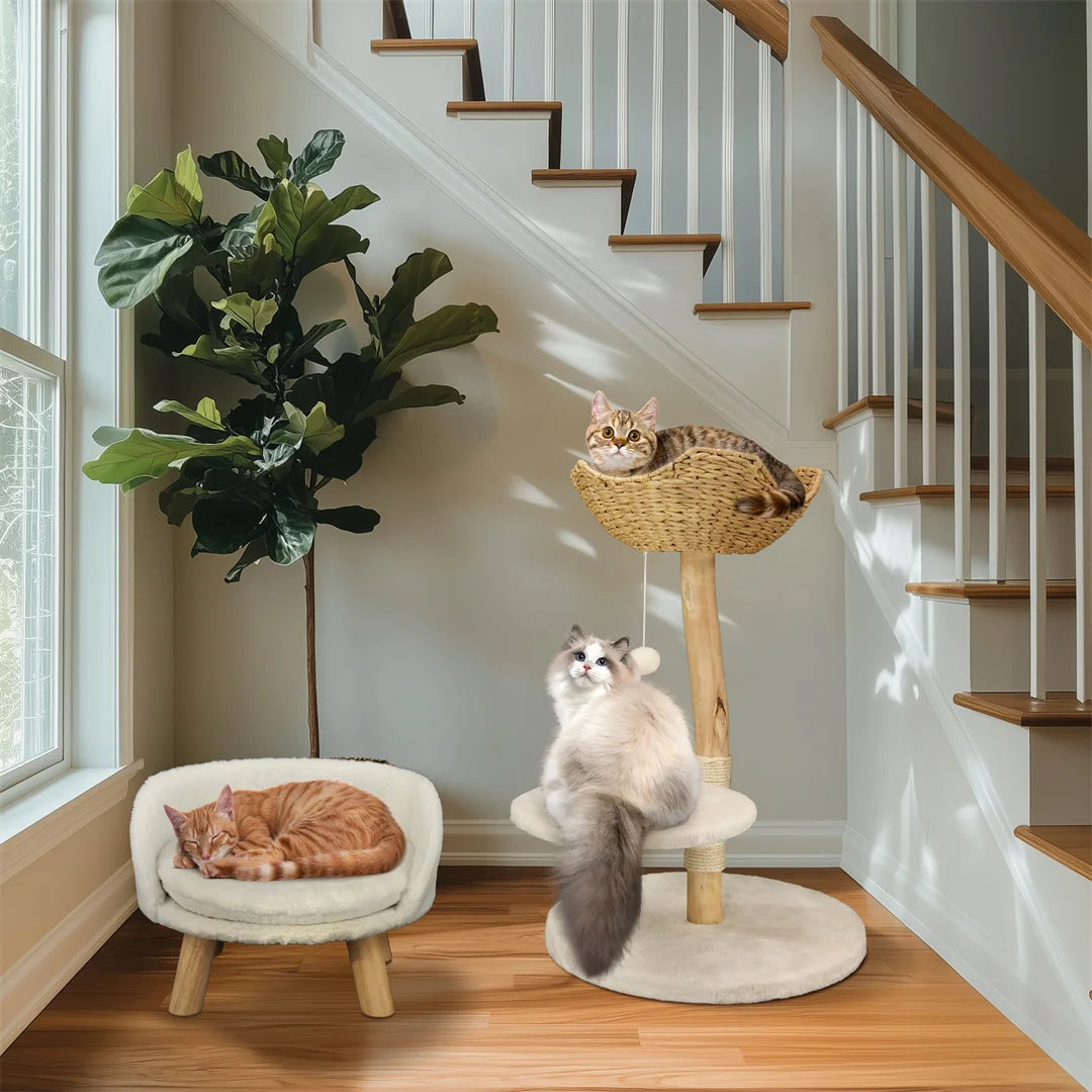 Modern Solid Wood Cat Tree Kitten Scratching Tree Activity Tower Center with Rest Dangling Toy Ball Sisal Scratching Post