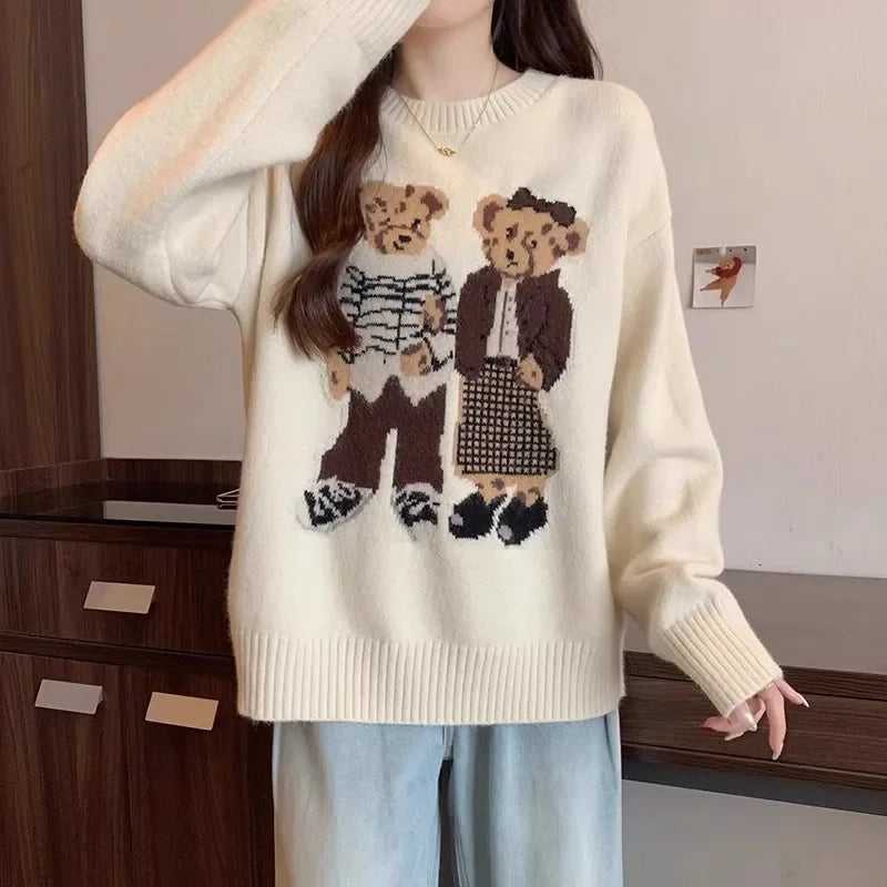 High Quality Embroidery POLO Neck Sweaters Korean Sweet Cute Bear Cartoon Jumper Pullover Winter Fashion Women Loose Casual Tops