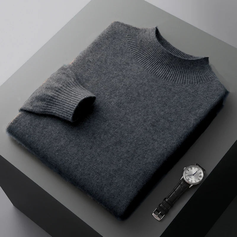 New Men's 100% Merino Wool Mock Neck Pullover Cashmere Sweater Soft Warm Jumpers Quality Casual Smart Knitwear Basic Tops Clothi
