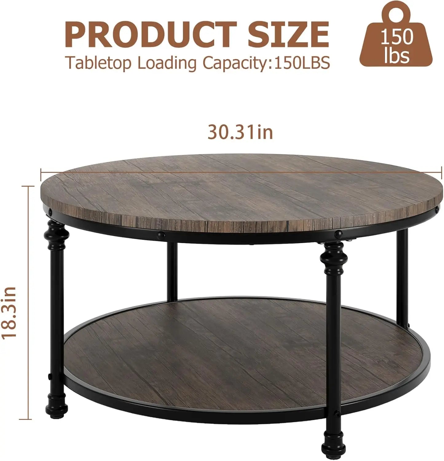 Round Coffee Table for Living Room Rustic Center Table with Storage Shelf Wood Circle Coffee Table , Easy Assembly