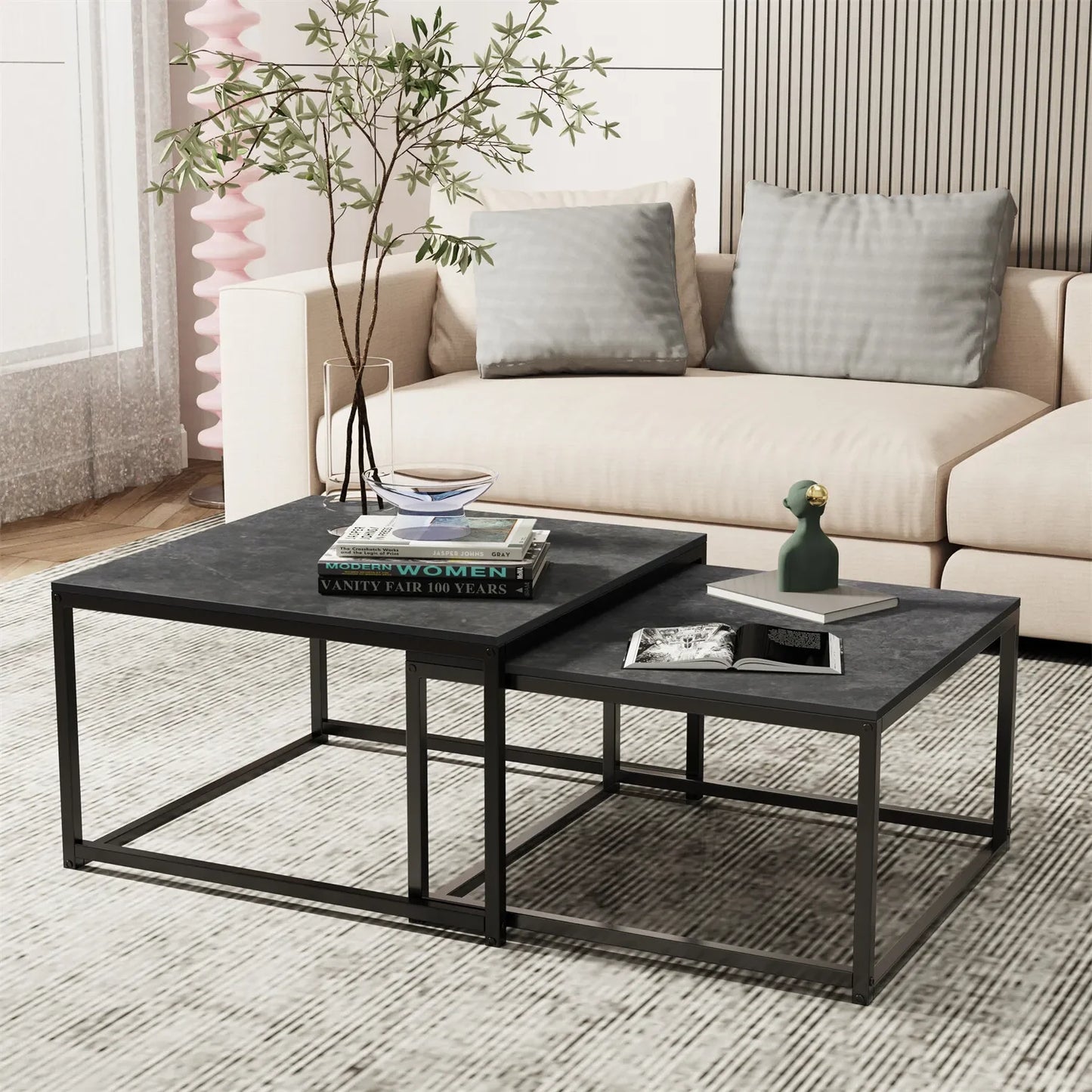 LUVODI Set of 2 Living Room Stackable Rectangle Nesting Coffee Accent Tables with Black n White Sintered Stone Tabletop