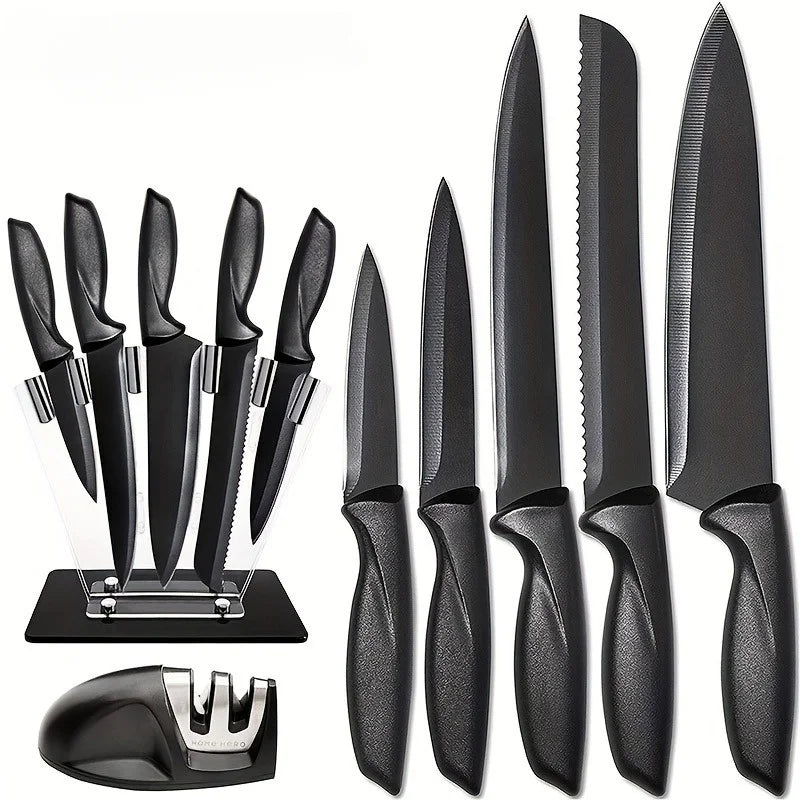 A set of 7 kitchen knives, a set of stainless steel black knives, professional chef's knife, acrylic stand, kitchen accessories