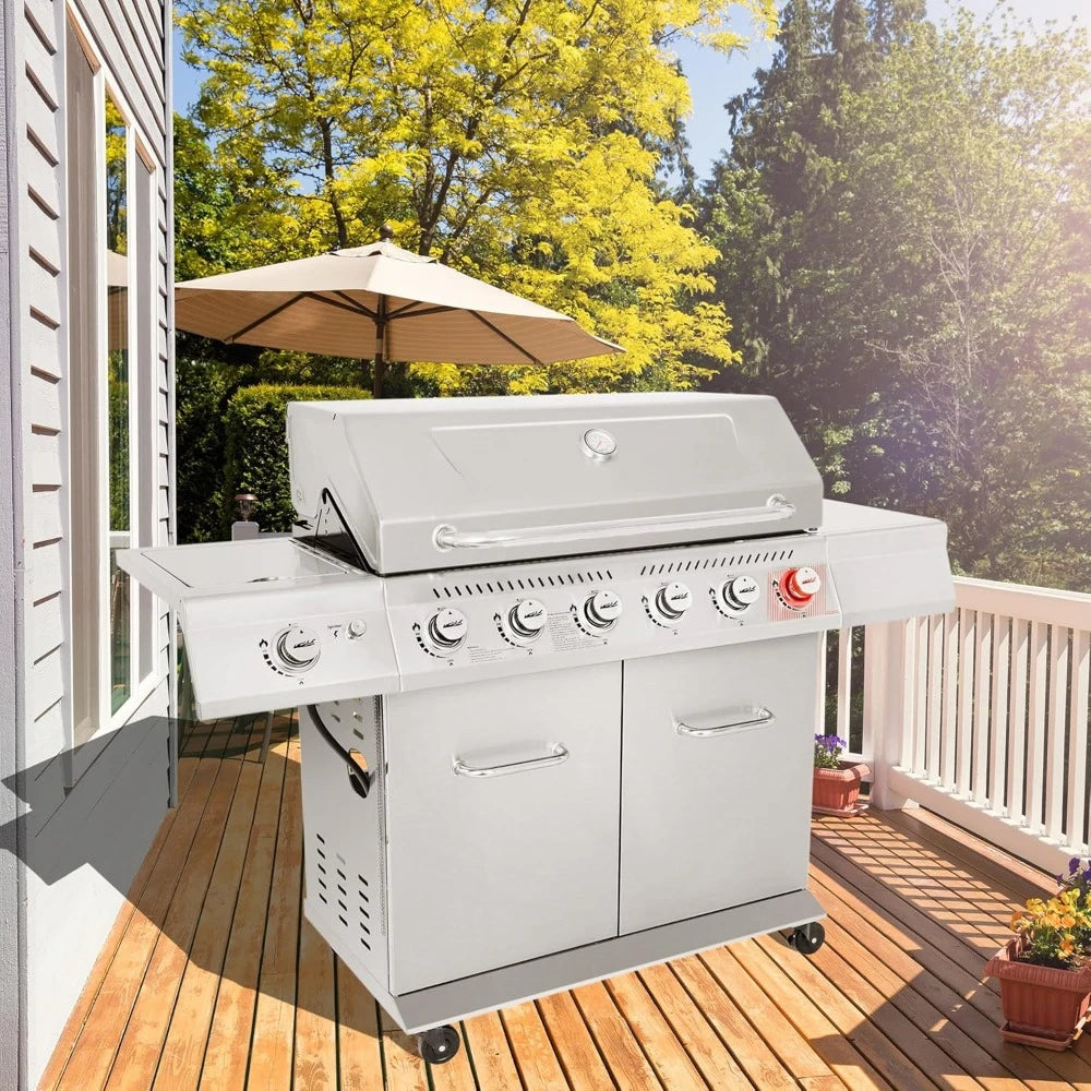 6 burner Propane gas grill with side burner and heating rack, 74,000 btu, cabinet grill for grilling and cooking