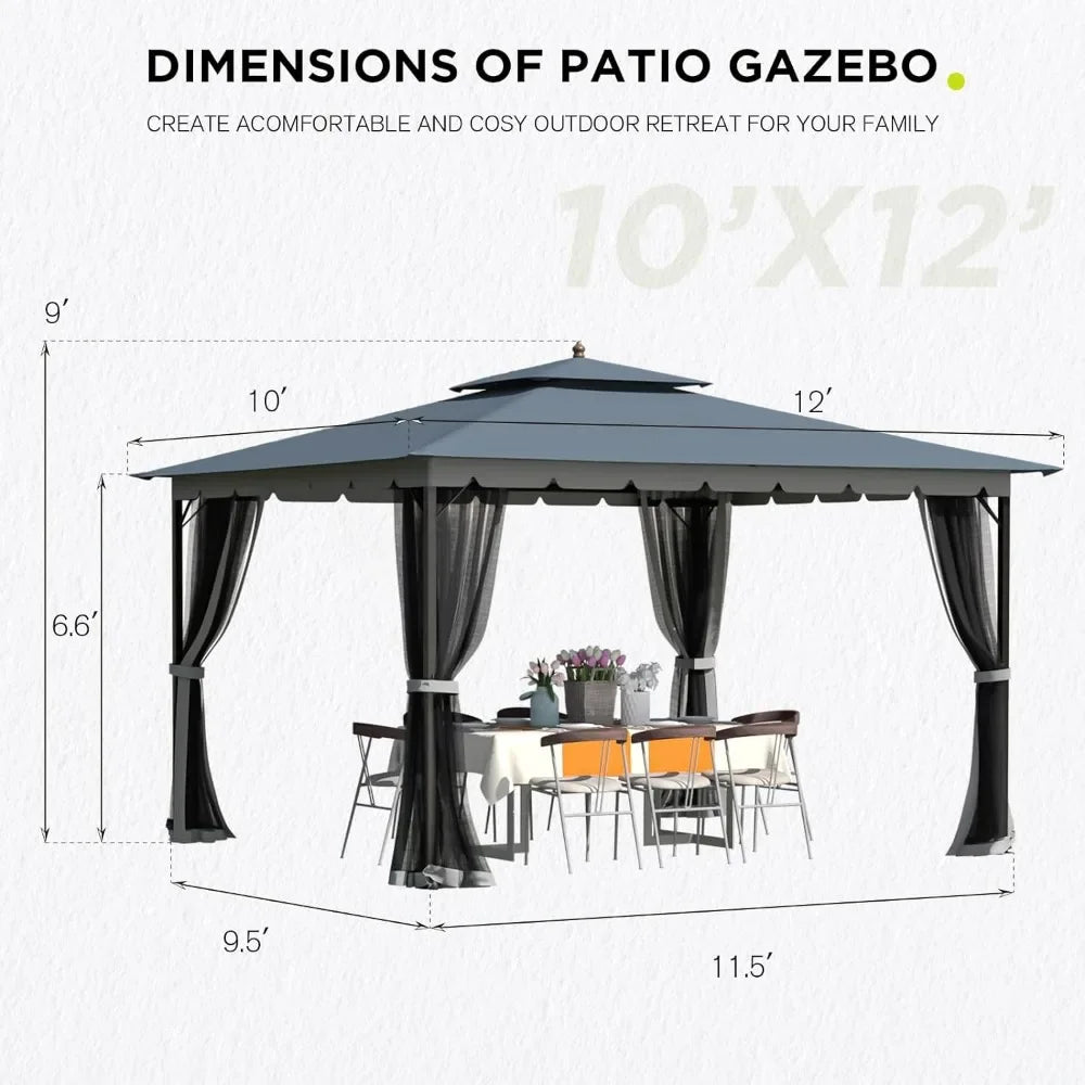 10x12 Gazebo with Mosquito Netting,Gazebo Canopy Tent with Dual Air Roof, Sturdy Metal Outdoor Patio GazeboPatio Canopy Gazebo