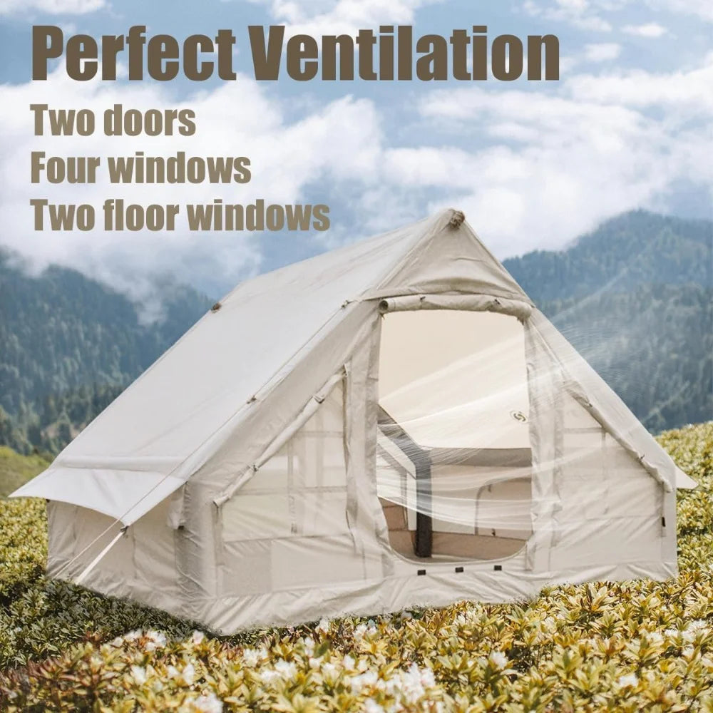 Inflatable tent with pumps, easy-to-pitch large outdoor tent, cabin tents with double mesh windows and convective double doors