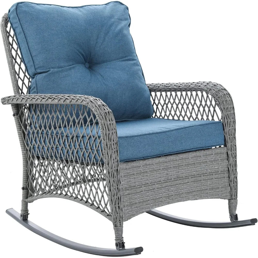 Patio Furniture Set 3 Pieces, Wicker Rocking Set with Thick Cushions, Outdoor Rocker Chairs and Coffee Table for Porch, Backyard