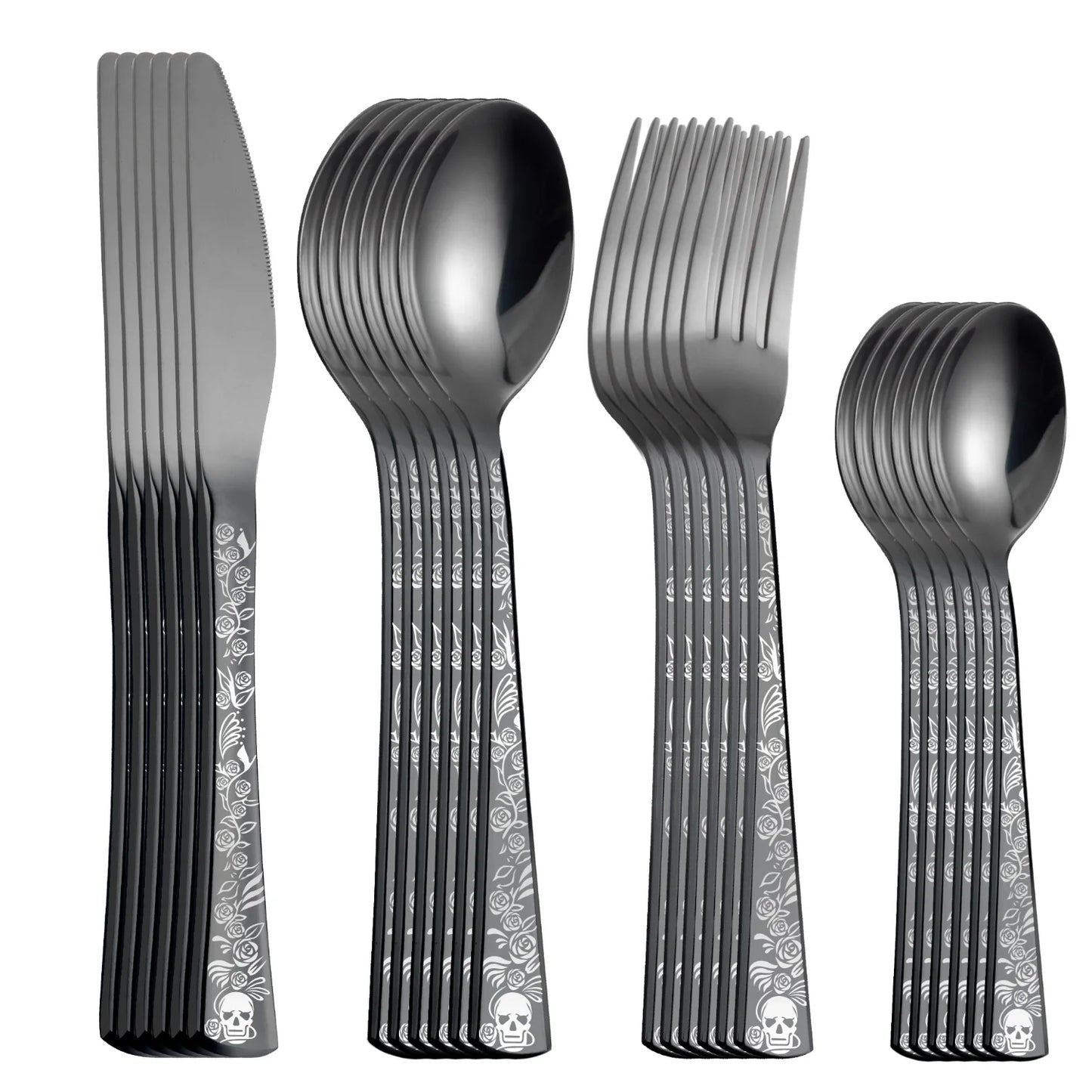 4/5/6/24/30/36 Pieces Forks Knives Spoons Dinnerware Tableware Dinner Set Skull Pattern Silver Cutlery for Banquet Restaurant