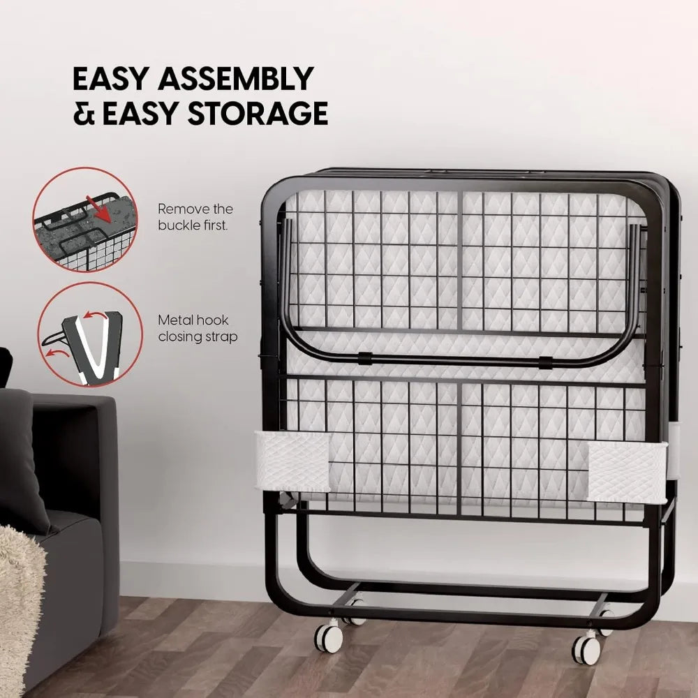 EconoHome Folding Bed with Mattress - 75x31 Cot Size Bed Frame - Portable Foldable Roll Away Adult Bed for Guest - 5-inch Thick