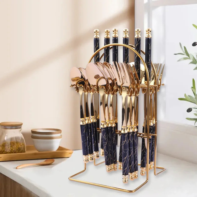 24-piece Set of Stainless Steel Cutlery with Rack, Exquisite Ceramic Handle Spoon and Fork Set Dishwasher Safe Cutlery Set