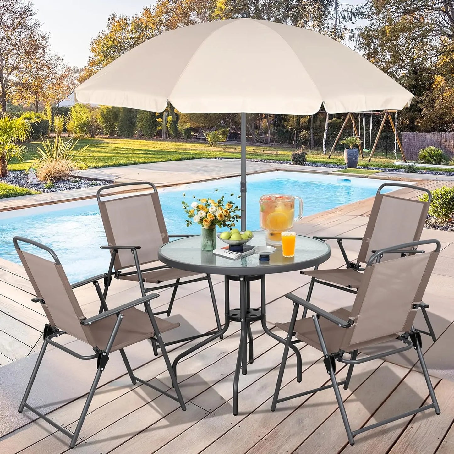 6 Piece Patio Dining Set, Small Metal Outdoor Garden Patios Table and Chair with Umbrella, Folding Patio Dining Set