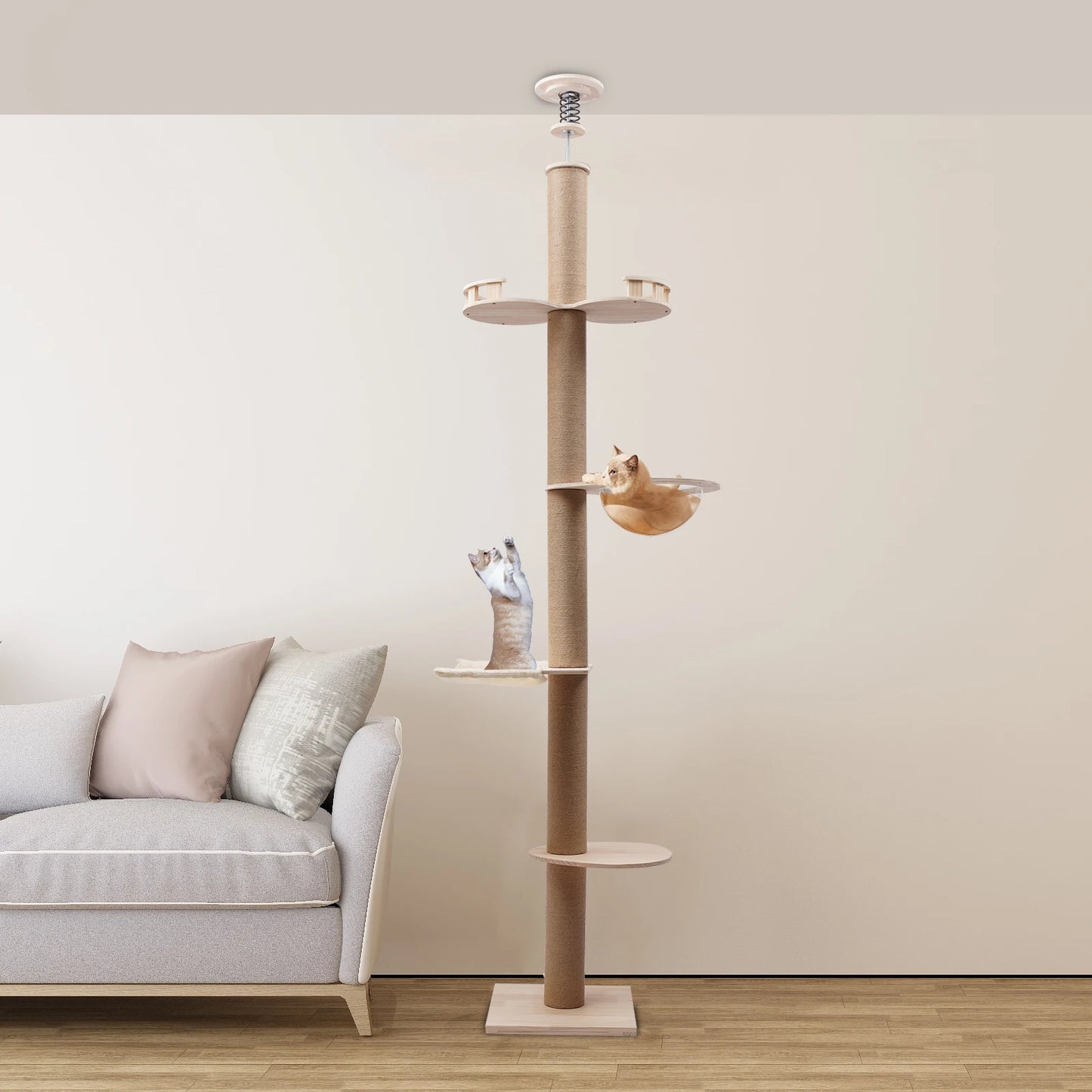 4 Tiers Cat Tree with Natural Sisal Rope Scratching Post Floor-to-Ceiling Cat Climbing Tower Adjustable Height