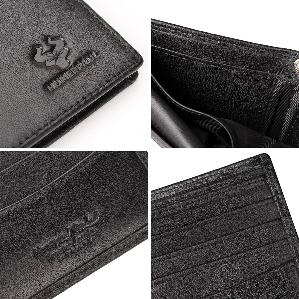 HUMERPAUL Genuine Leather For Men Short Wallet Vintage Large-capacity With Anti-theft Chain Credit Card Holder Purse RFID
