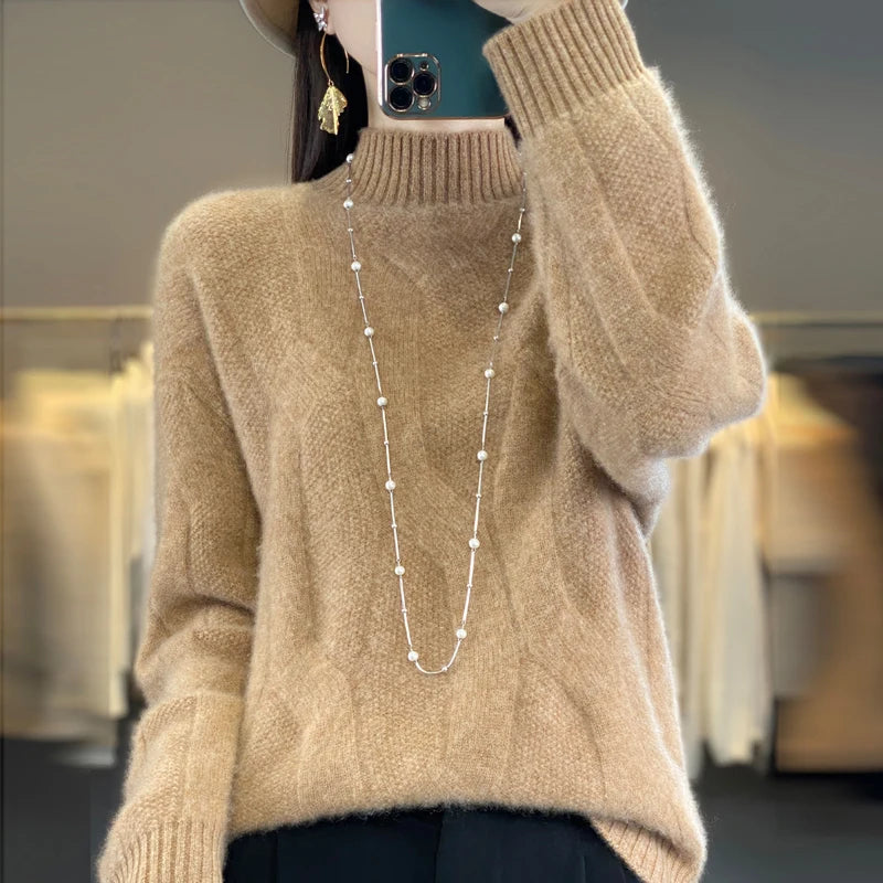 Women's pullovers fall/winter high-quality soft 100% merino wool sweater with half high neck and thick cashmere sweater top