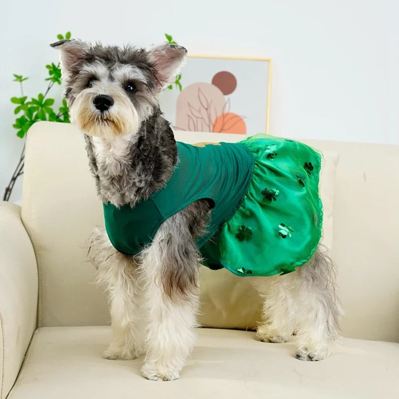 St Patrick Day Pet Clothes Green Clover Puppy Dog Dress Tulle Skirt with Bowtie Lucky Clover Holiday Dresses for Small Dogs Cats